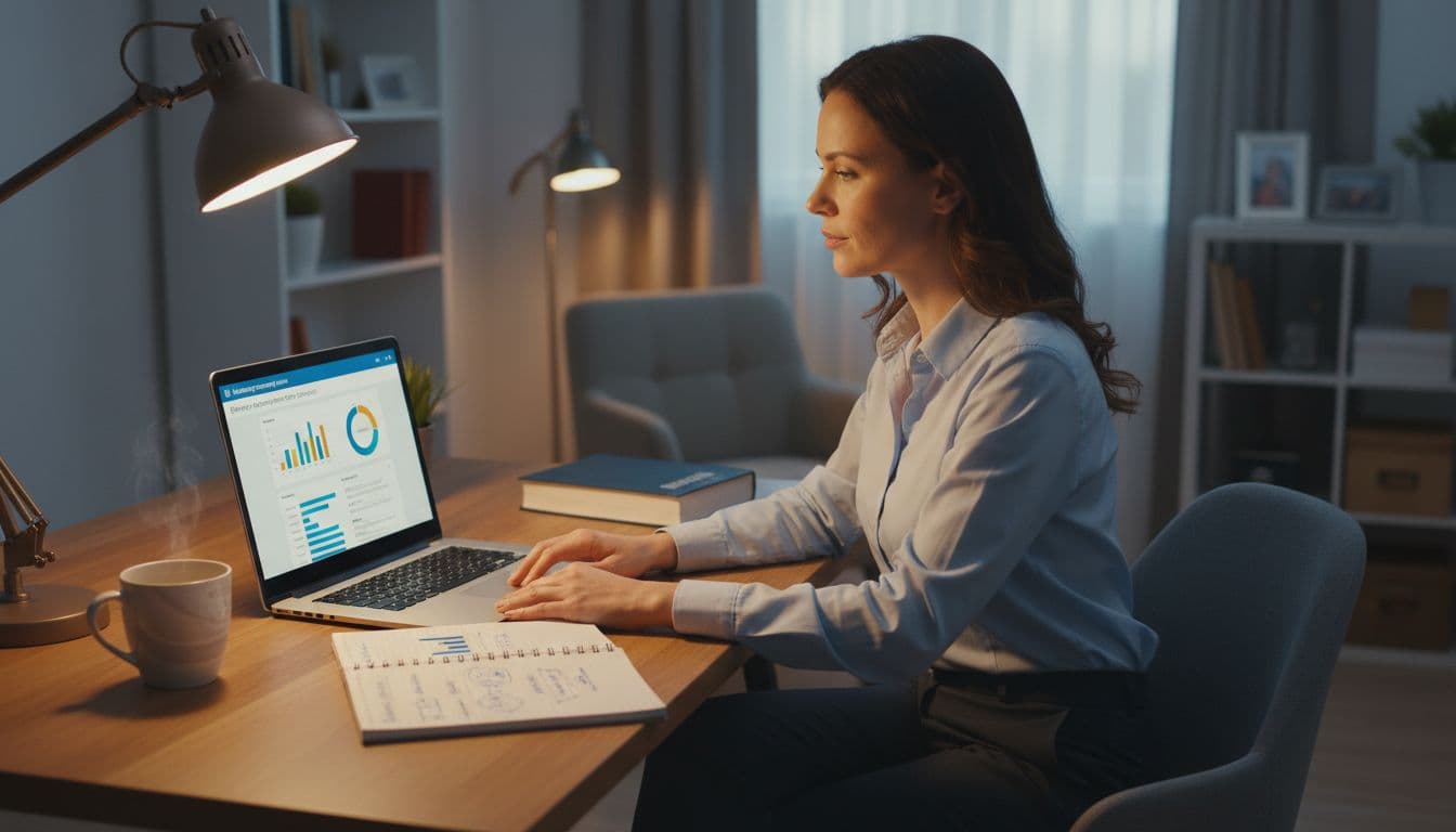 A focused 35-year-old professional woman in business casual studies for PMP certification at her cozy home office desk during evening hours. Laptop shows PMP study app, PMBOK guidebook, notebook with notes, and coffee cup under soft lamp light.