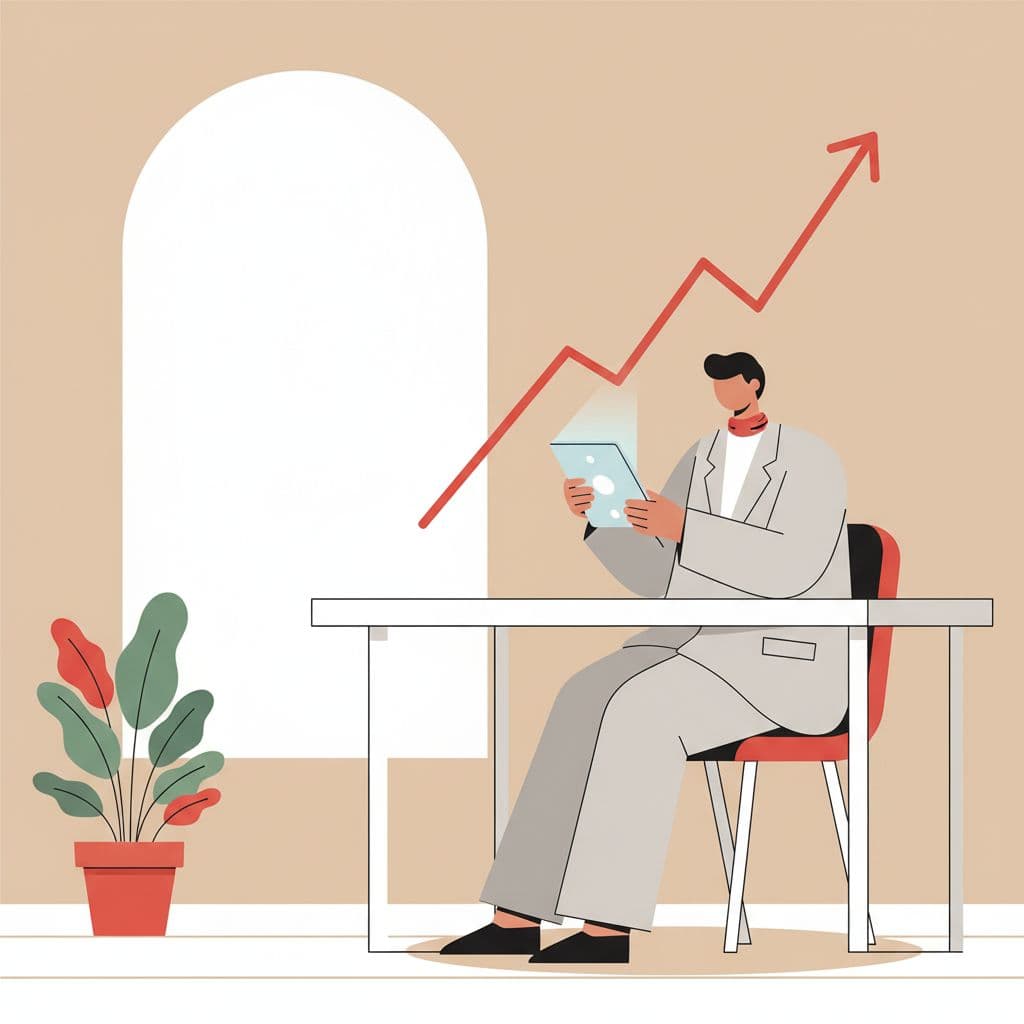 A minimalist professional sits at a desk while interacting with a tablet in a bright office.