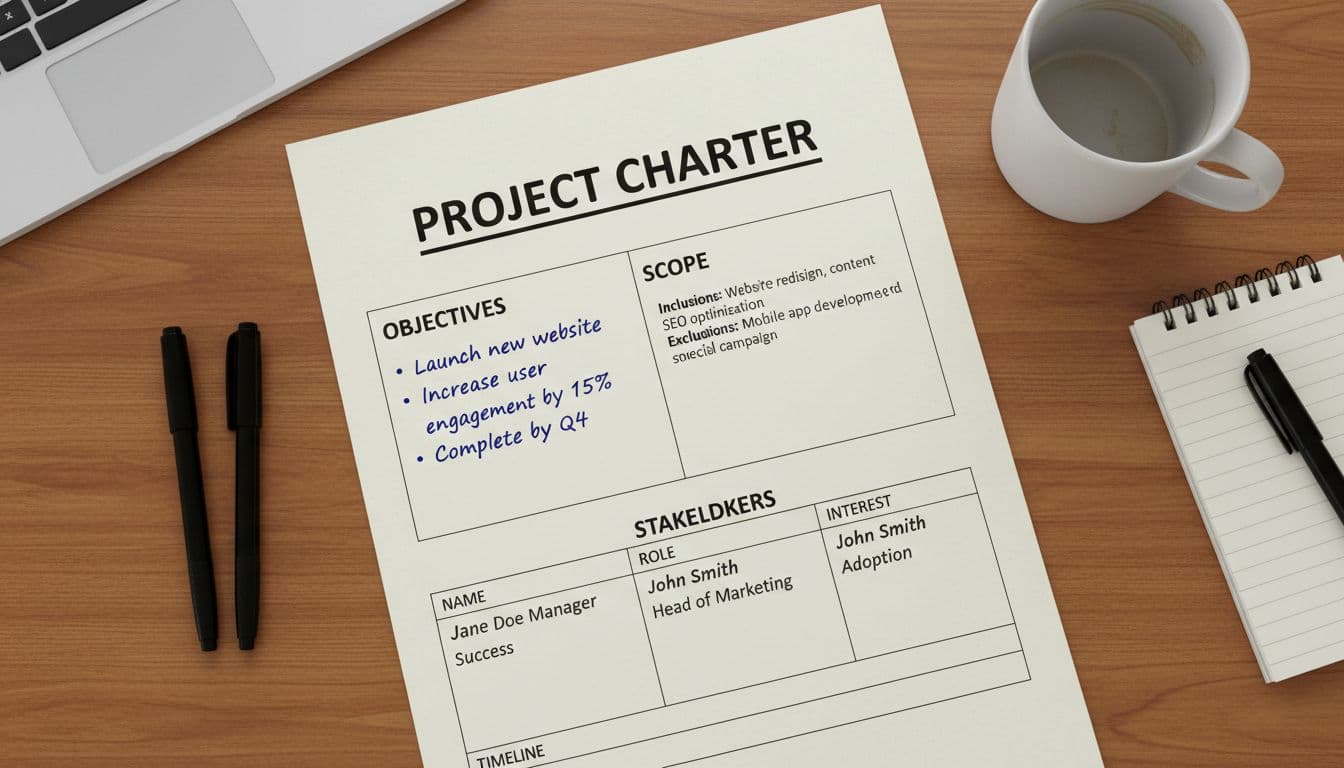 Top-down realistic photo of a simple project charter template laid out on a table in a clean office, displaying sections like objectives, scope, and stakeholders as handwritten notes or printed form.
