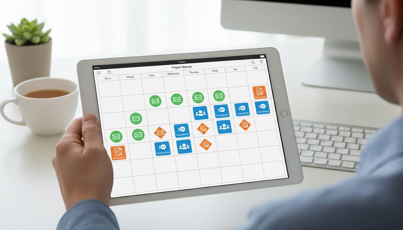 Calendar view of project communication cadence featuring color-coded icons for weekly emails, status meetings, and monthly reports on a digital planner app displayed on a tablet held relaxed by a project manager's hand. Clean desk setup with soft office lighting in realistic style, no readable text, exactly one tablet and one hand, no extra devices.
