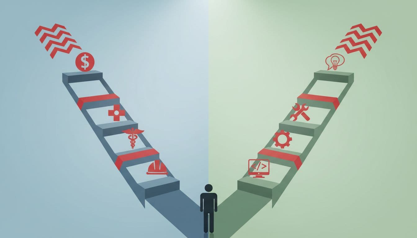 Two ladders branch from a fork: left project management with construction, healthcare, finance icons; right Agile with software, product icons.