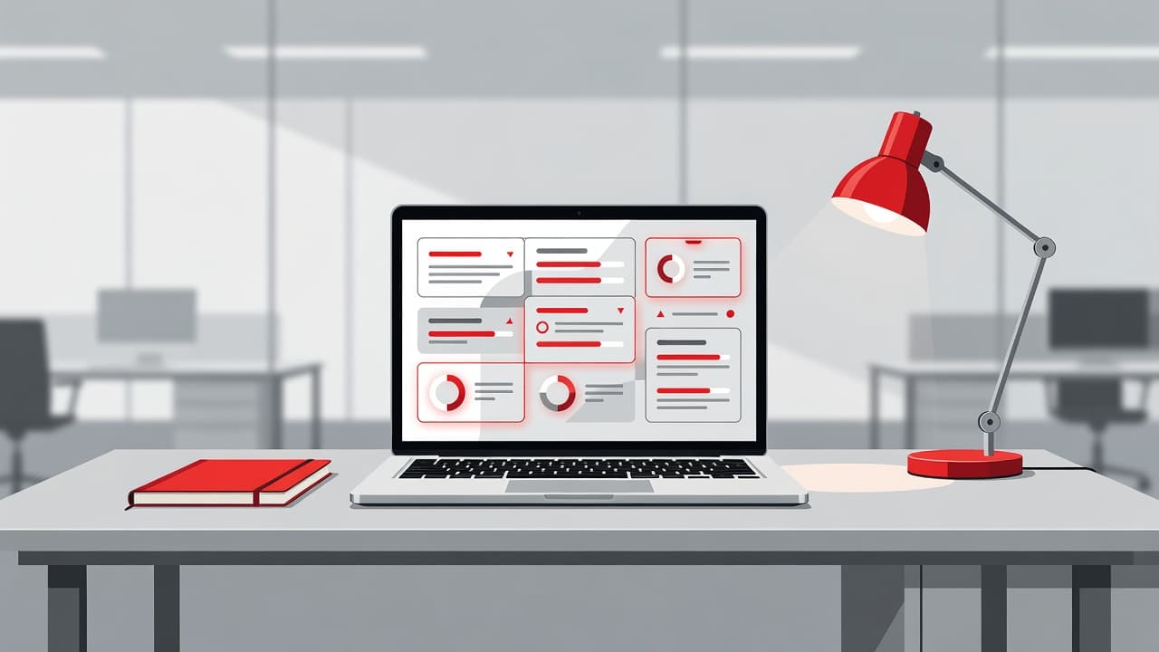 A minimalist desk setup features a laptop with an abstract dashboard screen. Bold red accents highlight the workspace, creating a professional environment focused on intense exam preparation and study efficiency.