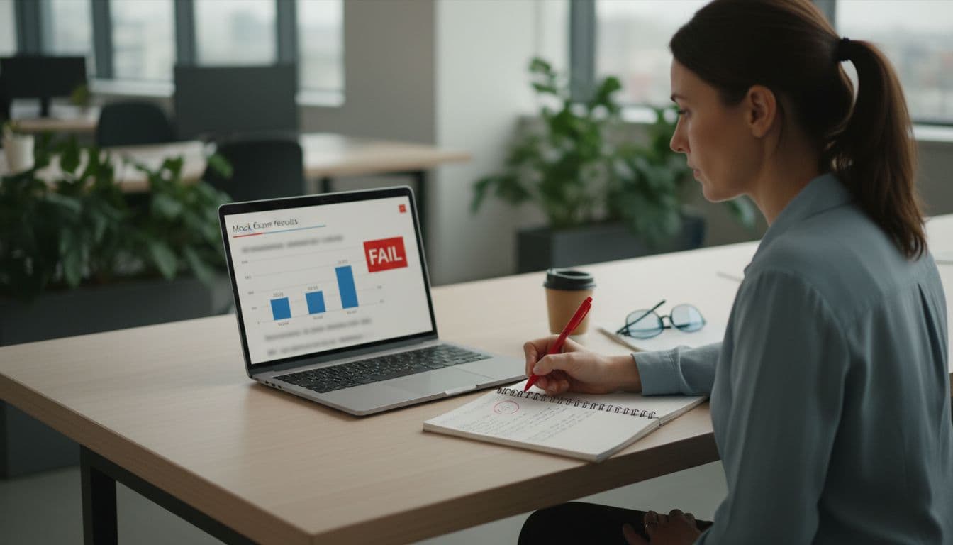 Determined project manager at a modern office desk reviews mock PMP exam results on a laptop screen, with an open notebook showing error analysis notes and a red pen marking mistakes, focused expression under soft overhead lighting.