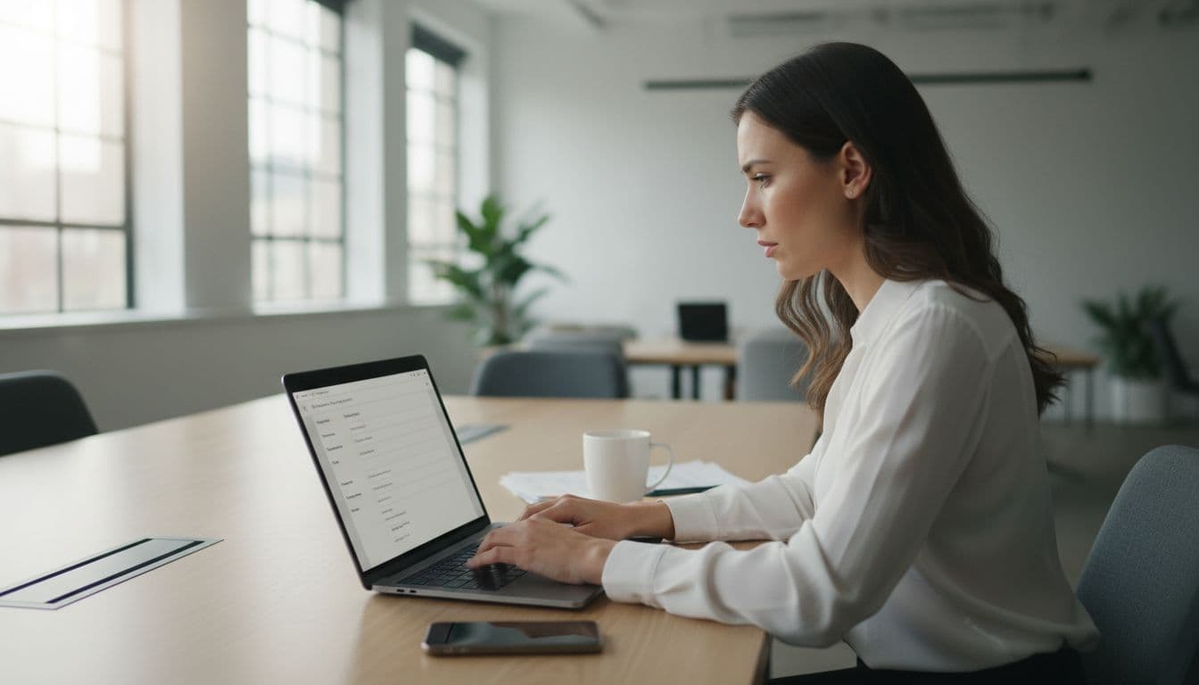 A focused project manager at a modern office desk types on a laptop with the PMP application form visible on screen at an angle, coffee mug nearby, natural daylight lighting, realistic style.