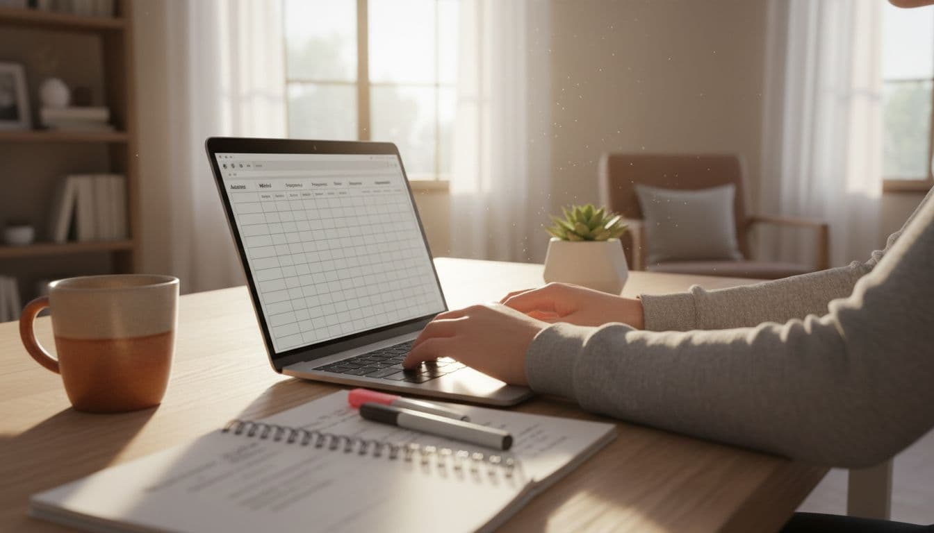 A focused project manager works at a modern home office desk on a laptop, building a communication plan template with a table for audience, method, frequency, owner, and responsible. Coffee mug and notes are nearby, illuminated by warm daylight, photorealistic style.