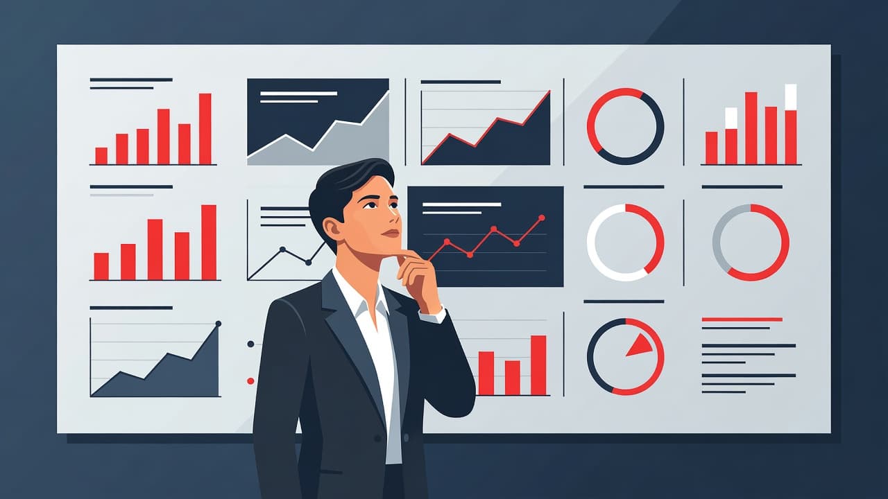 A focused professional stands before a large digital screen displaying abstract performance metrics and strategic goals. The clean illustration utilizes minimalist geometric shapes and a bold red accent color scheme.
