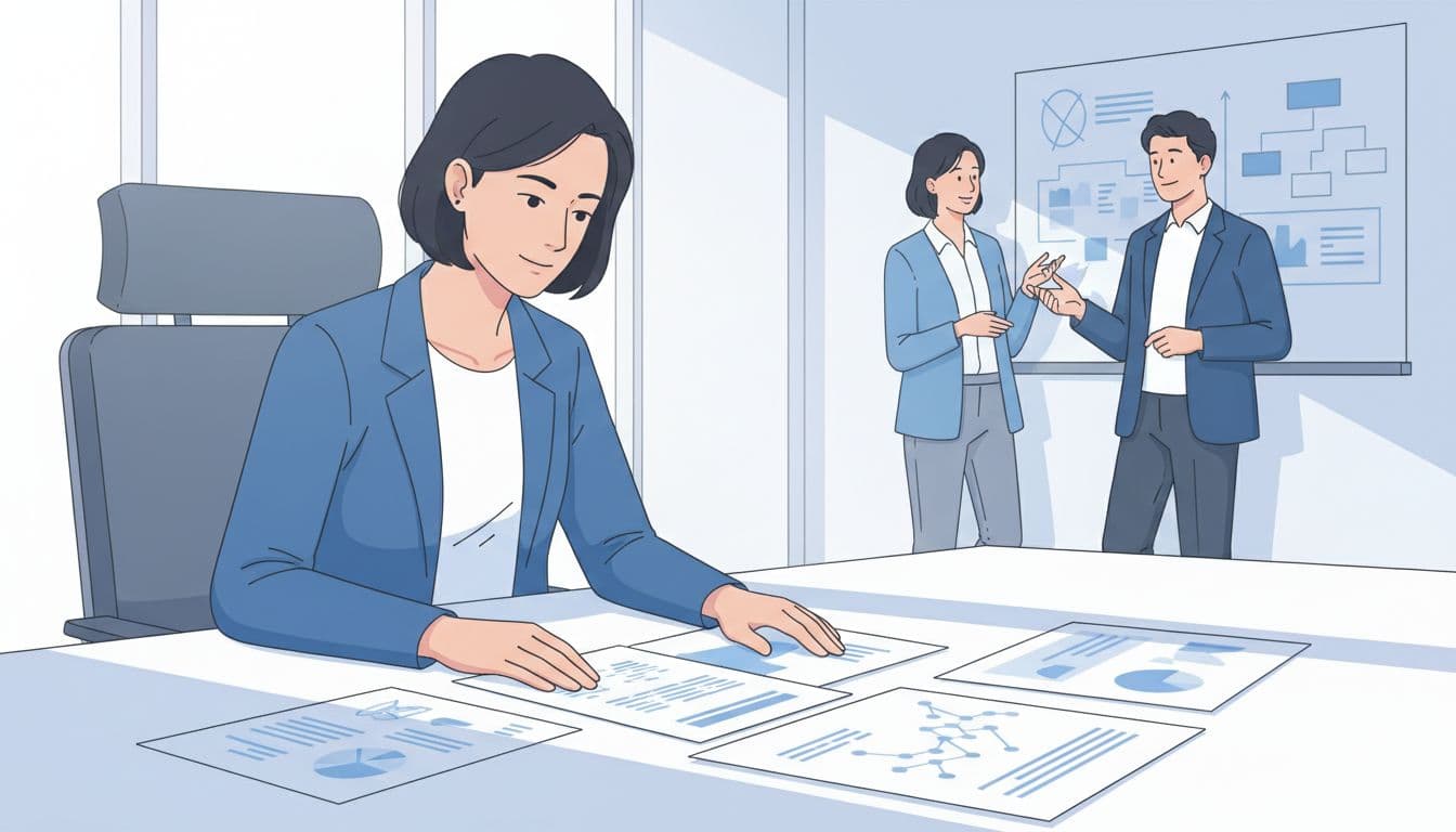 Project manager examines documents and charts at conference table while two team members collaborate in background.