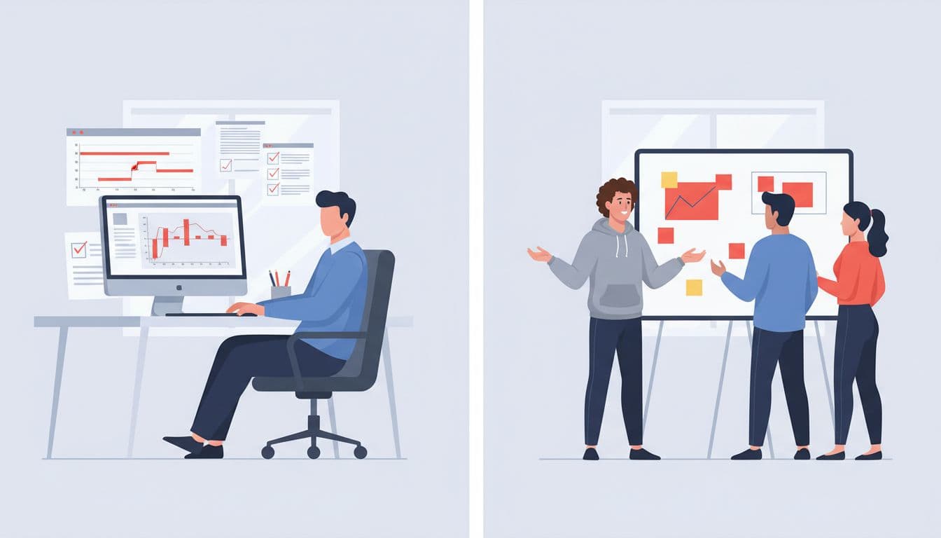 Split illustration: left, project manager at desk with Gantt chart and timeline computer; right, Scrum Master facilitating standup with three team members at whiteboard.