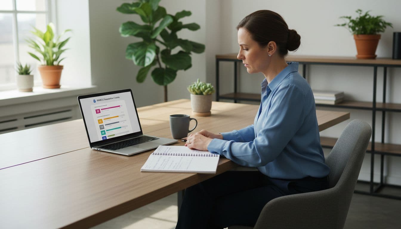 Focused project manager at modern desk with laptop on PRINCE2 course dashboard, notebook notes, coffee mug, plants in bright office.