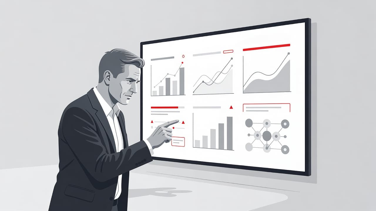 A focused professional examines a digital interface displaying project goals and value streams. The composition uses clean, modern shapes with striking red-500 accents set against a minimalist, uncluttered background environment.