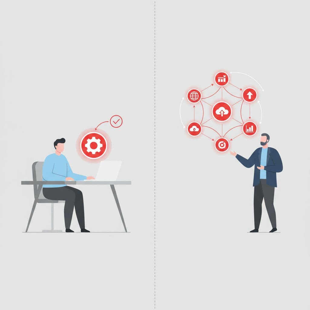 An illustration comparing a single project manager to a program manager overseeing multiple linked project icons.