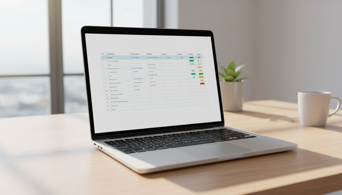 Clean laptop screen in a bright office displaying a simple RAID log spreadsheet table with columns like ID, Category (Risks, Assumptions, Issues, Dependencies), Description, Owner, Impact, Status. Top-down angle focusing on the screen, realistic style with soft natural lighting.