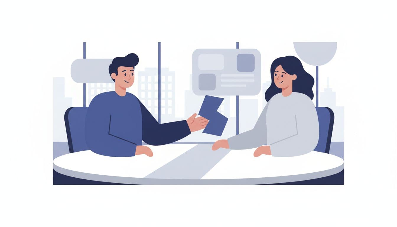 Project manager moves obstacle aside while coaching team member one-on-one in office.