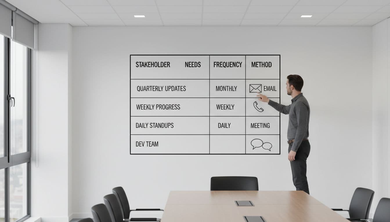 Realistic photo of a stakeholder communication matrix on a whiteboard in a conference room, with columns for names, needs, frequency, and methods; one person pointing at the board under bright lighting.