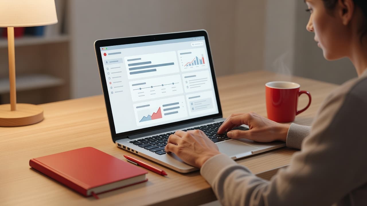 A focused student uses a laptop displaying an educational interface at a clean desk. A bold red accent piece stands out against the warm, minimalist room lighting during a study session.