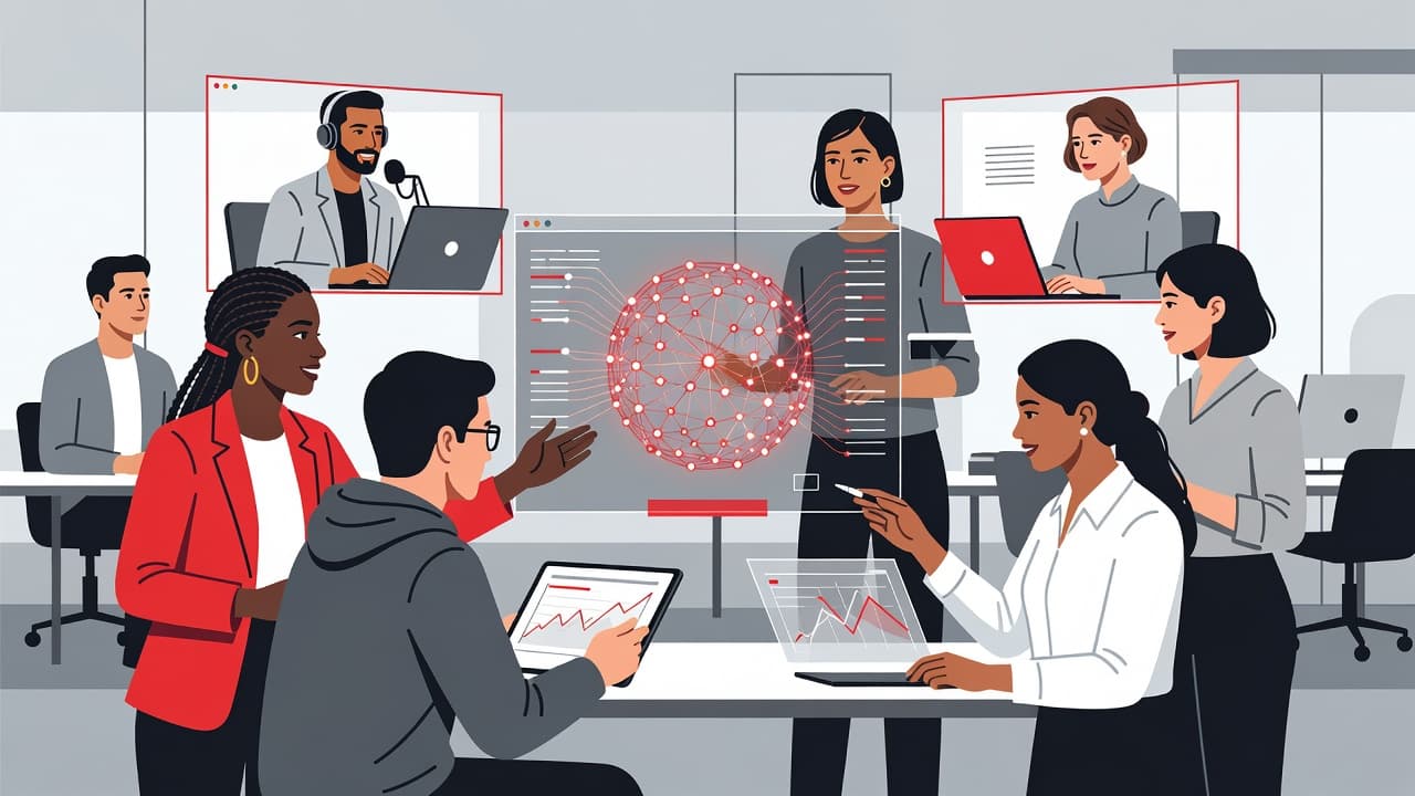 A diverse group of professionals gathers around a sleek central digital hub in a hybrid office. Sharp minimalist illustrations and bold red accents define the clean, modern collaborative workspace environment.