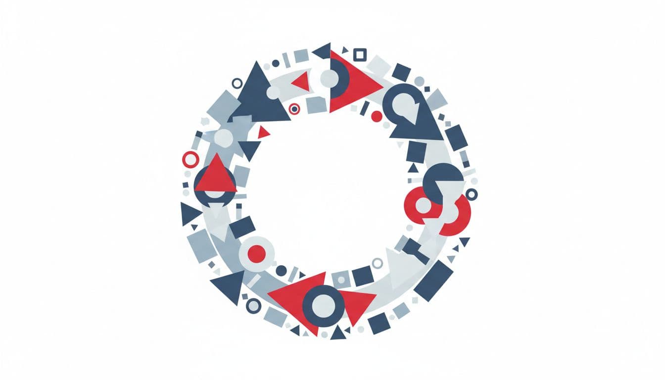 Geometric shapes rotate in a circular flow to represent collaborative team decision-making.
