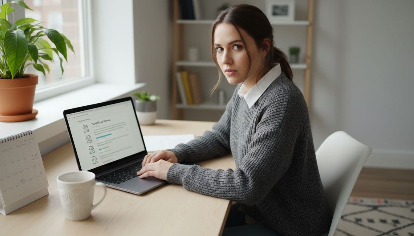 Young project manager in mid-20s at home office desk reviews certification documents on angled laptop, calendar and mug nearby.