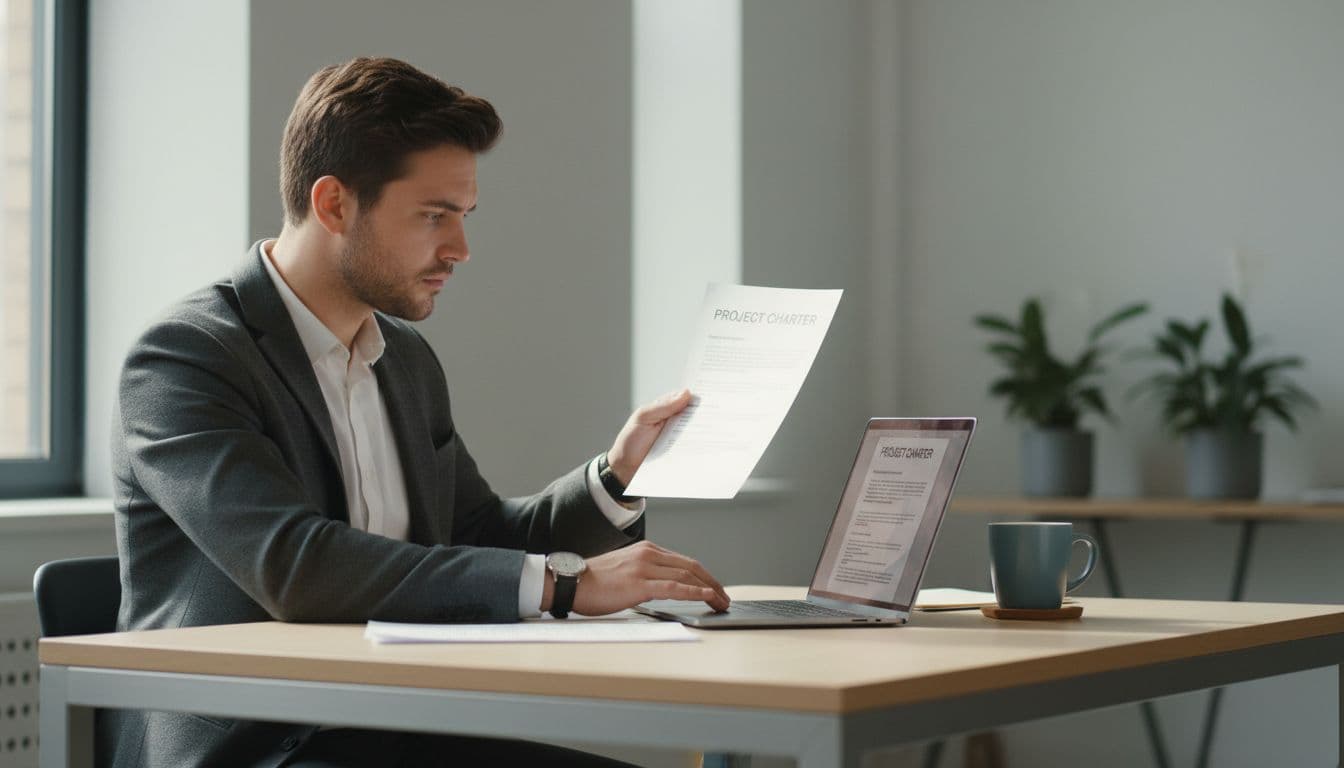 A young project manager at a desk in a modern office reviews a project charter document on paper and laptop screen, with a focused expression, natural daylight, and a coffee mug nearby.