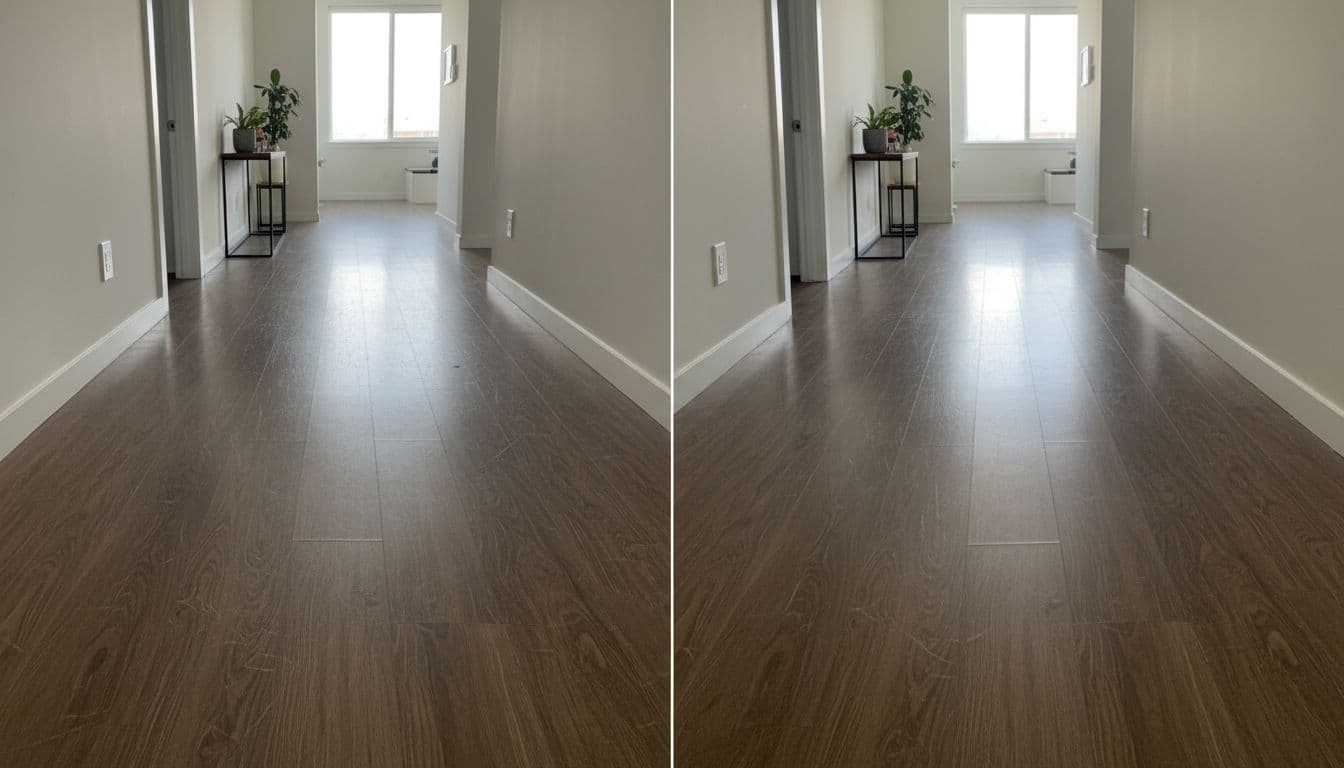 A split composition compares a dull, scratched laminate floor on the left with a shiny, restored laminate floor on the right in a contemporary home hallway under natural indoor lighting.
