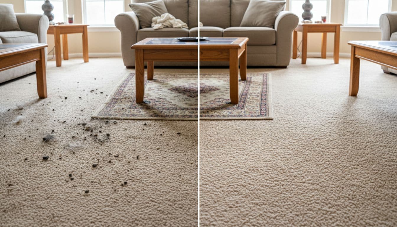 Split-image comparison of a dirty, stained living room carpet with crumbs and pet hair transformed to spotless and fluffy after professional cleaning, natural indoor lighting, realistic style.
