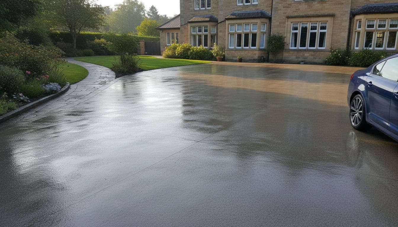 A wide driveway in a Bradford home freshly cleaned with a pressure washer, featuring a smooth concrete surface free of oil stains and dirt, with a subtle water sheen under morning light. Adjacent path and garden edge visible, one car parked with two wheels showing, realistic high-resolution photography.