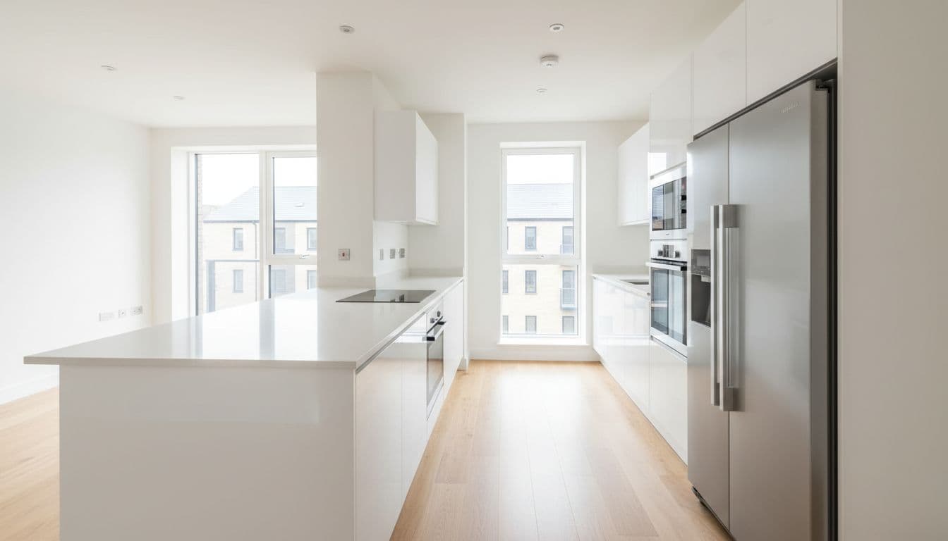 Empty modern rental flat interior in Bradford with a sparkling clean kitchen, spotless counters and appliances, shiny laminate floors, fresh white walls, and natural daylight through large windows.