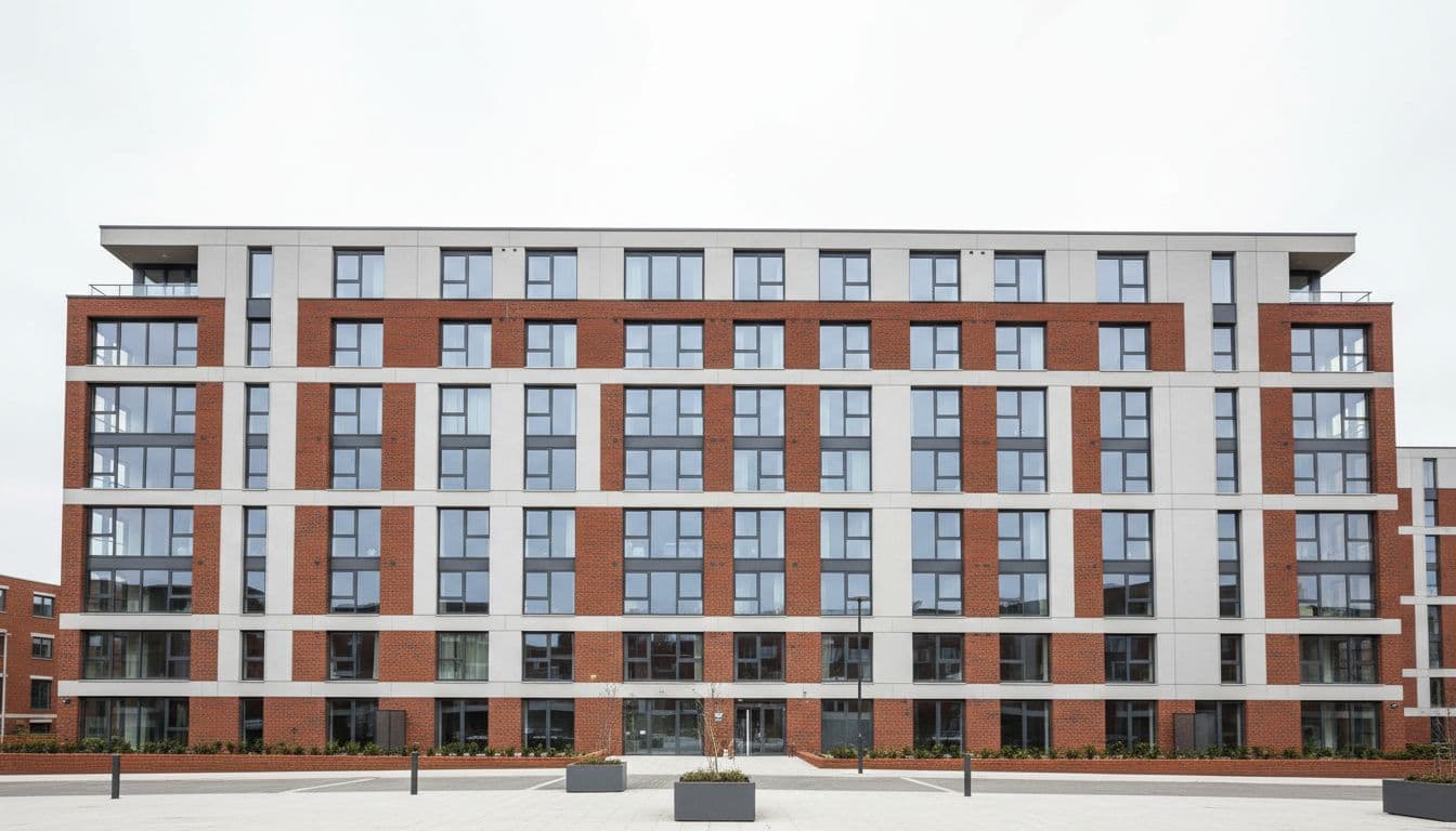 Ground-level view of a modern brick and concrete flat block in urban Bradford UK, with all windows streak-free and sparkling clean under bright overcast daylight.