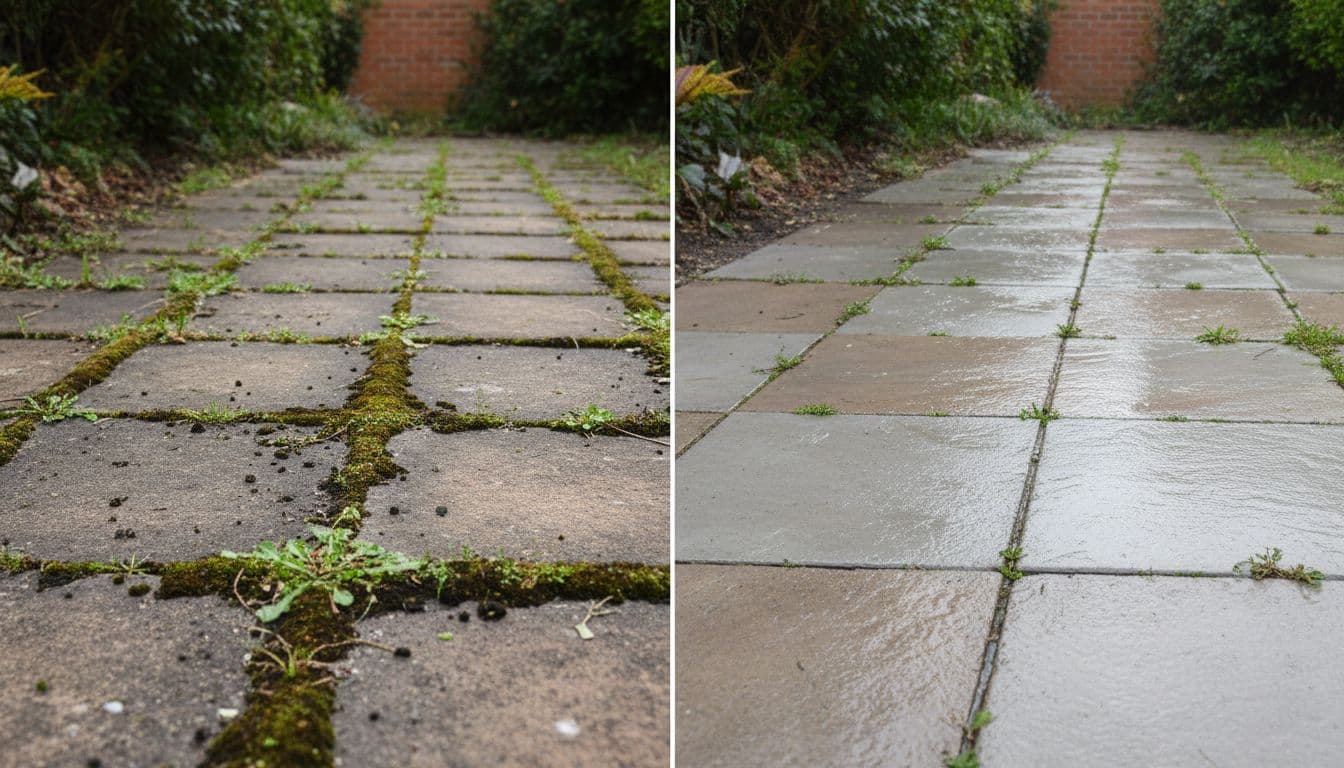 Split-image comparison of a grimy, moss-covered patio path in Bradford before pressure washing (left) and pristine, shining clean slabs after (right) in an outdoor garden setting.