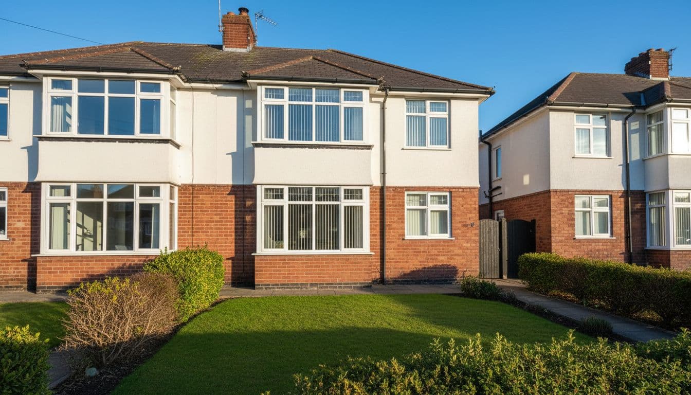 Realistic photograph of a semi-detached house in suburban Bradford UK with pristine sparkling clean windows on front and side, reflecting a sunny clear sky, neat front lawn, and clean brickwork; exactly one house, no people, cars, text, or logos.