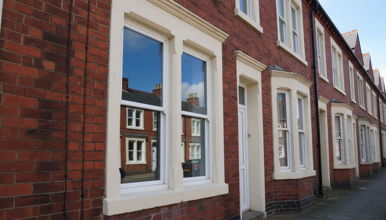 Row of traditional terraced houses in Bradford UK with sparkling clean windows reflecting blue sky and street in bright daylight exterior view. Realistic photo focusing on central house with pristine frames and sills, no people, cars, text, or watermarks.
