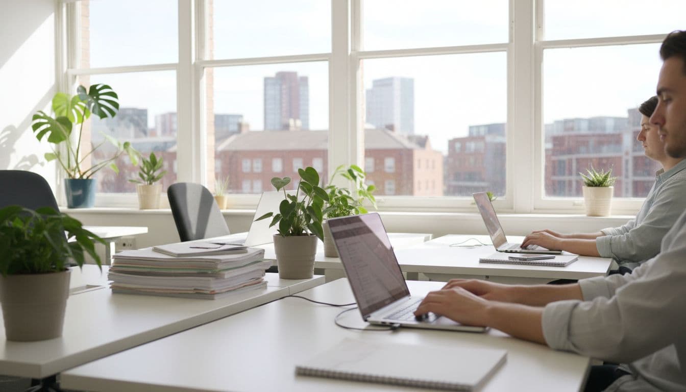 Bright, spotless small business office in Leeds during daytime with modern desks, laptops, organised papers, fresh green plants, large windows showing subtle city skyline, natural soft lighting, welcoming professional atmosphere, one person in background working relaxed.