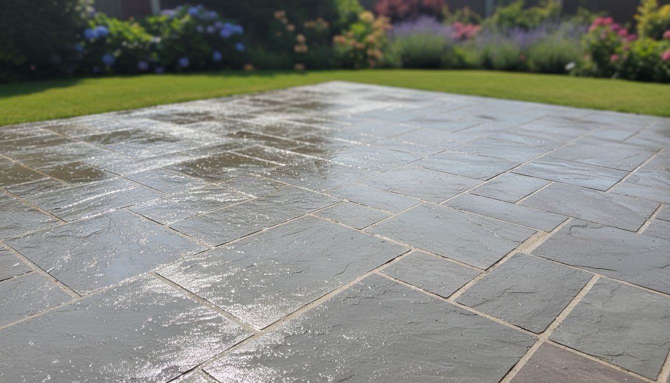 A clean, freshly pressure washed stone patio in a suburban Bradford garden on a sunny day, with glistening water droplets on grey slabs and weeds removed from cracks.
