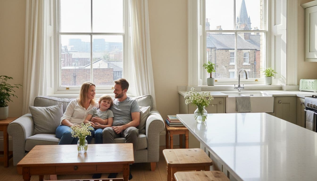 Interior of a cosy Leeds terraced house transformed by a professional one-off deep clean, with sparkling kitchen counters and living room surfaces, open windows letting in fresh air and city views, and a relaxed family of three basking in warm natural sunlight.