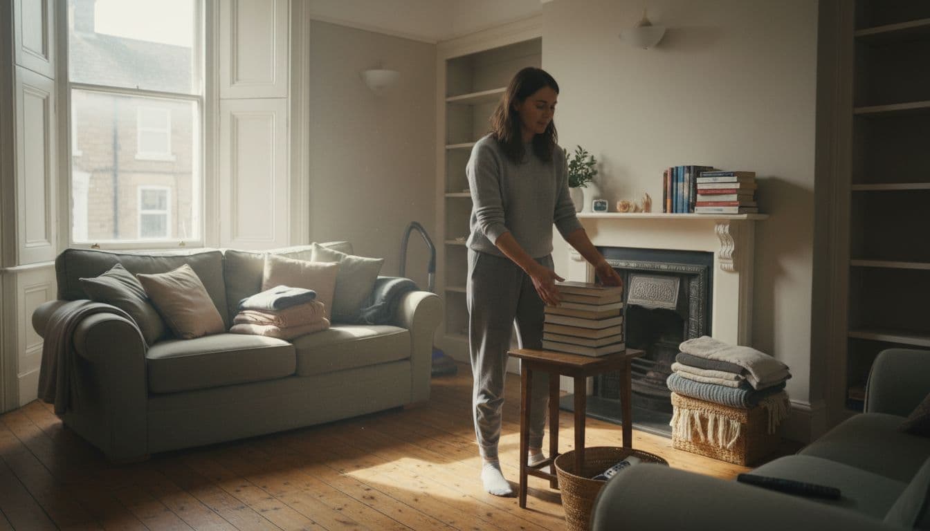 One person tidies books and cushions off surfaces and shelves in a cosy Leeds terraced house living room, preparing for cleaning with natural daylight from a sash window illuminating warm wooden floors.