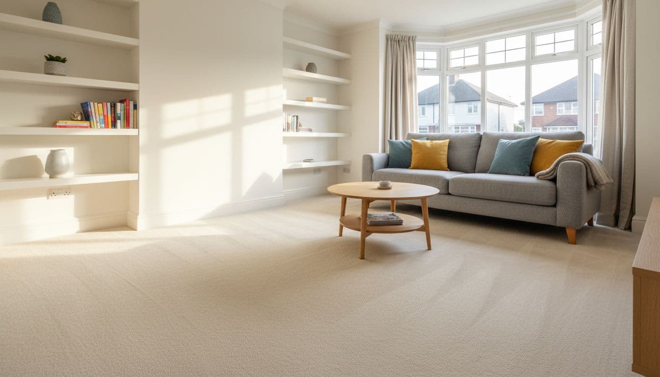 Bright, clean semi-detached home living room after deep cleaning, with vacuumed carpets, dusted shelves, and organised space. Cosy UK suburban setting, medium shot. Photorealistic style, warm daylight lighting.