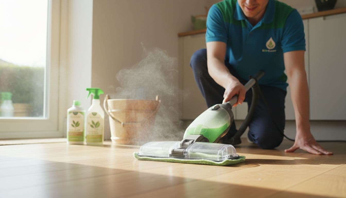 Professional cleaner in uniform uses eco-friendly steam mop on hard floor in Wakefield home, close-up on cleaning action.
