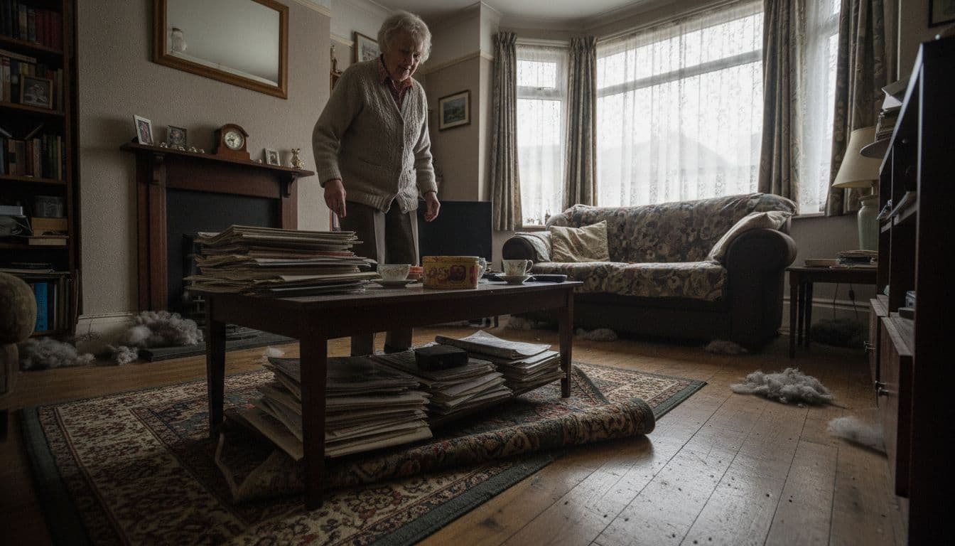 An elderly woman in her 70s carefully steps over a loose rug in a cluttered Bradford terrace house living room with newspapers, low coffee table, and dust bunnies, highlighting slip and trip hazards.
