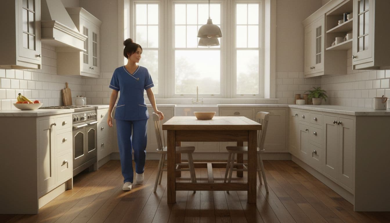 An exhausted nurse in uniform enters a bright, spotless terraced house kitchen in early morning, soft natural light illuminating clean counters and floors, with a relaxed smile showing emotional relief.