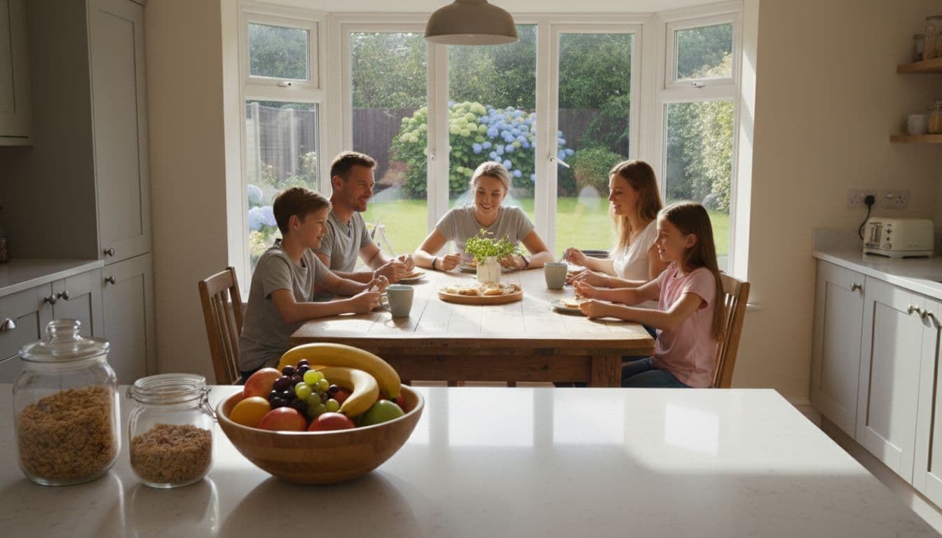 A bright Leeds family kitchen shines after regular weekly cleaning, featuring gleaming surfaces, organized counters with fresh fruit, and a family of four enjoying breakfast together in warm morning light through a window overlooking the garden.