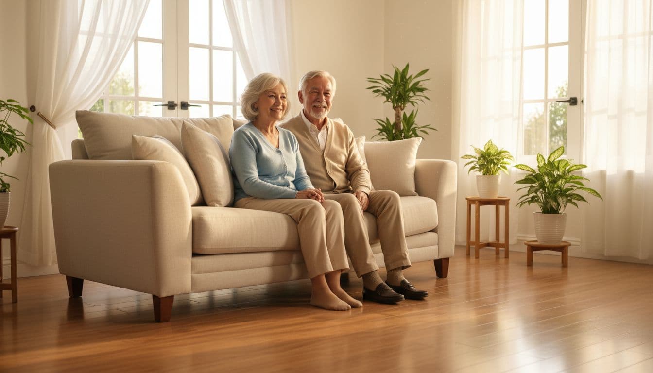 Bright spotless living room in refreshed Bradford home with elderly couple in their 70s relaxing happily on clean sofa amid gleaming floors, open windows, and thriving plants; warm post-clean atmosphere in golden hour light.