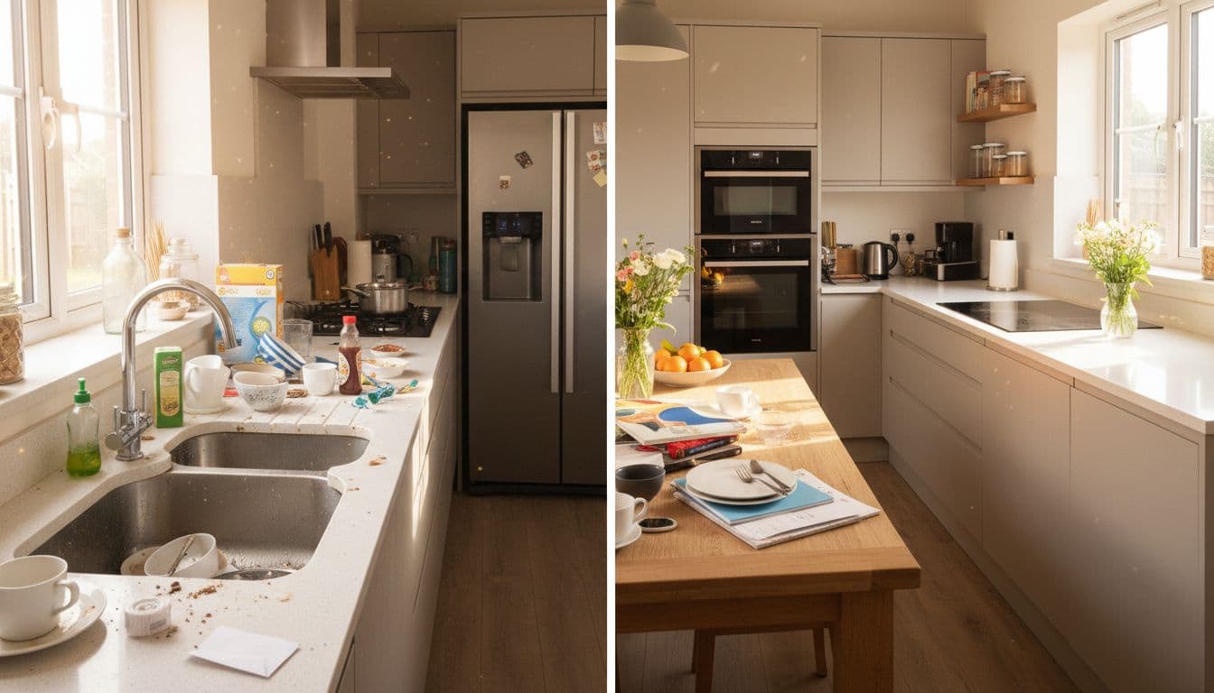 Split-image of a typical busy Leeds household kitchen showing left side messy with dirty dishes, crumbs, greasy hob, and clutter, and right side spotless with shining surfaces, empty sink, polished appliances, and neat organization in a modern UK setting with natural daylight.