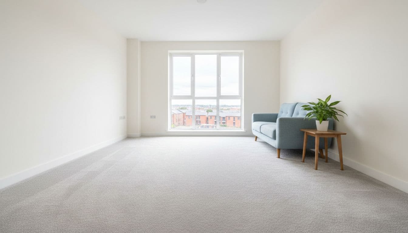 Bright empty living room in a modern one-bedroom flat in Leeds featuring freshly cleaned light grey carpets, minimal furniture, large window with natural daylight, and clean photorealistic atmosphere.