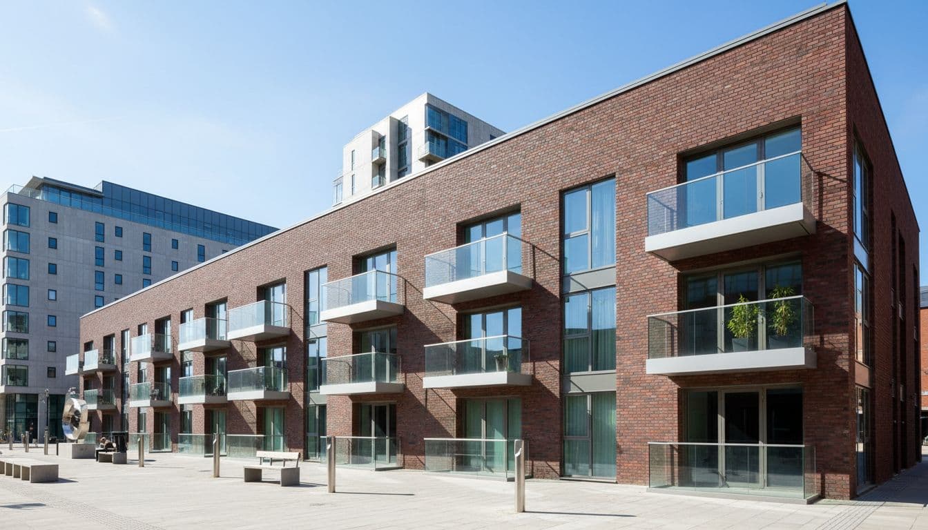 Realistic photograph of a modern low-rise flat building in Leeds featuring multiple clean balcony windows gleaming in sunlight on a brick exterior in an urban setting with natural lighting.