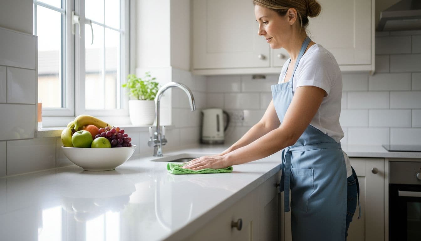Professional house cleaner in a Leeds kitchen wiping down a sparkling countertop with an eco-friendly cloth, emphasizing clean surfaces, fresh fruits in a bowl nearby, spotless tiled backsplash, and natural window light from a side angle in bright daylight realistic photo style.