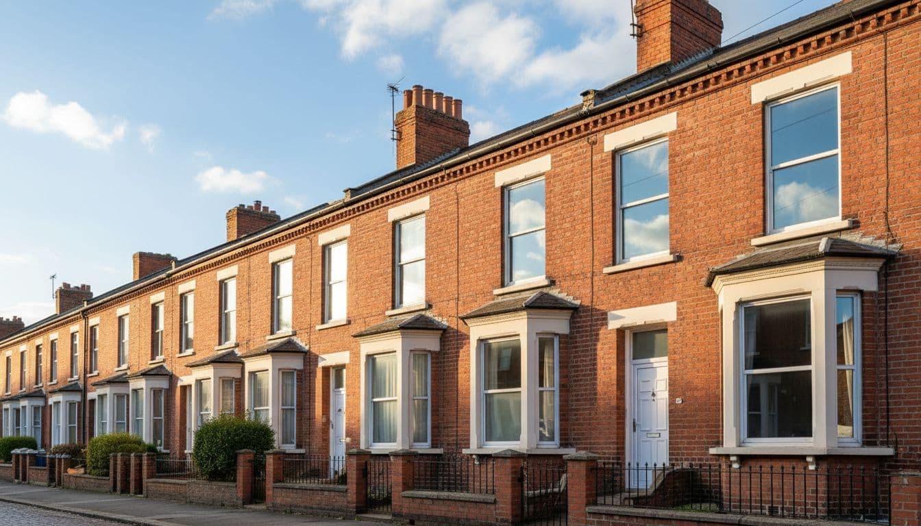 A row of classic red-brick terrace houses lines a Leeds street, their windows sparkling clean and streak-free, reflecting a blue sky and clouds in sunny morning light. Front view realistic photograph with high detail, no people, cars, text, or logos.