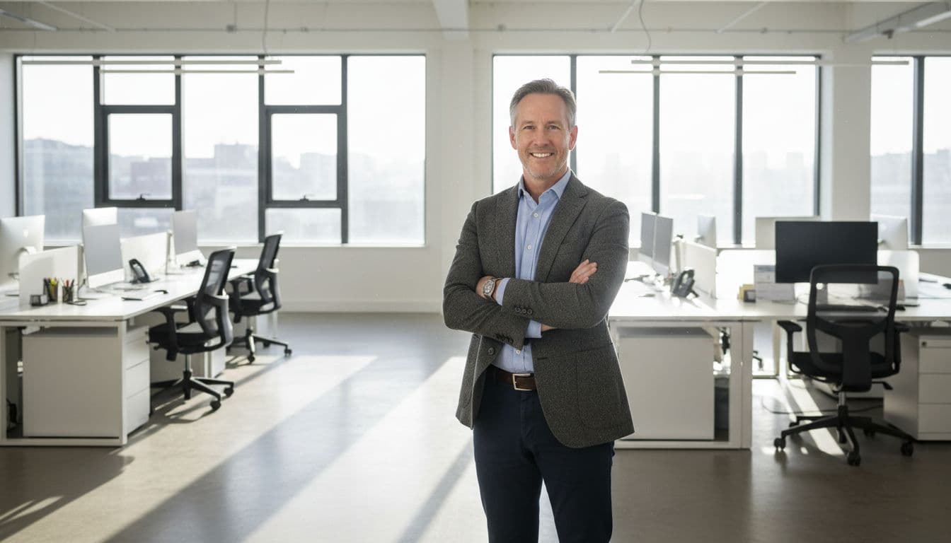 A confident middle-aged small business owner smiles with arms crossed by a sunlit window in a pristine Leeds office, featuring sparkling clean desks and floors for a fresh professional vibe.