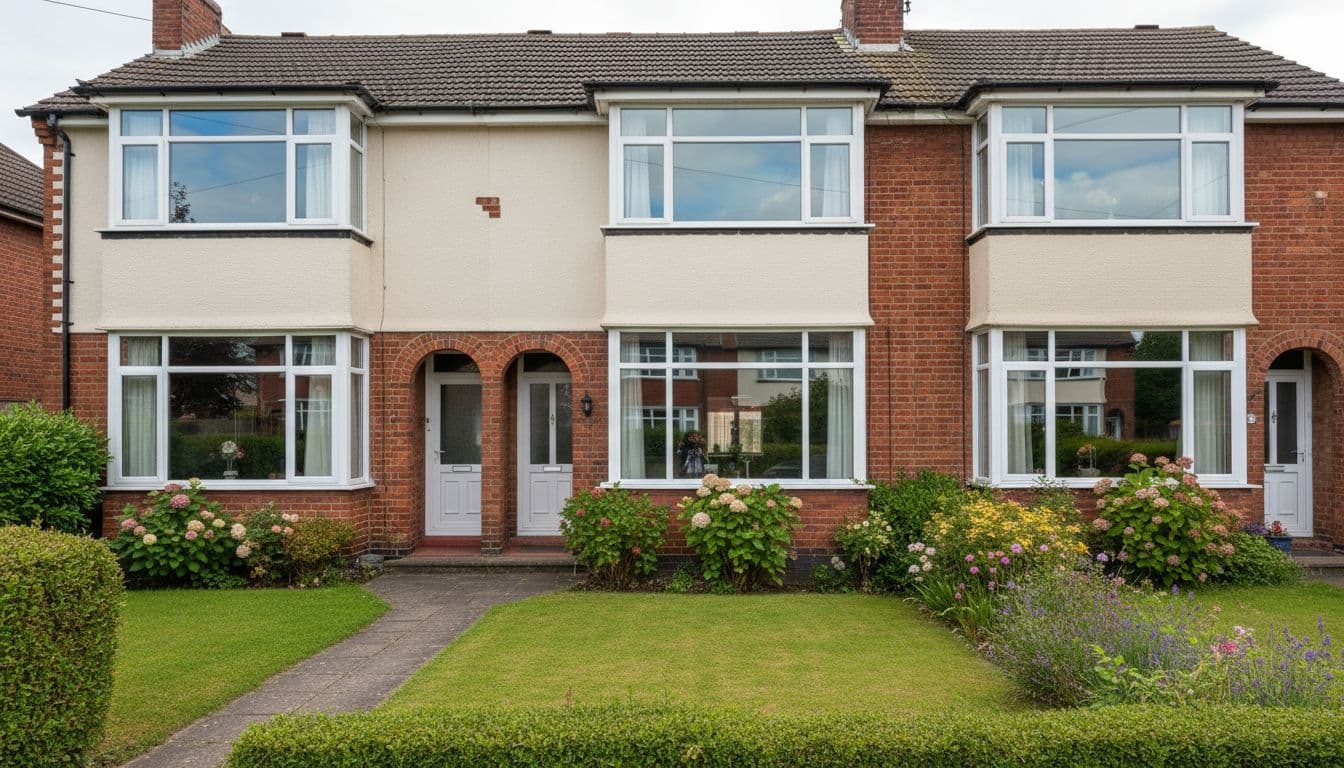 Pair of semi-detached houses in a Leeds suburb with large front windows perfectly clean and shiny, reflecting the garden and sky, surrounded by neat lawns in soft daylight realistic photo.