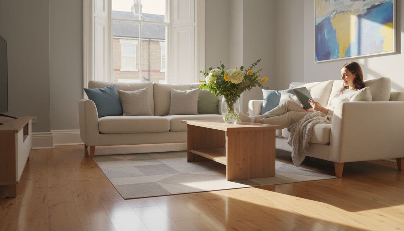 Bright modern Leeds terraced house living room after professional clean, with sparkling floors, neat sofa and cushions, fresh flowers on coffee table, sunlight through window, and one person relaxing on sofa with book in realistic photo style.