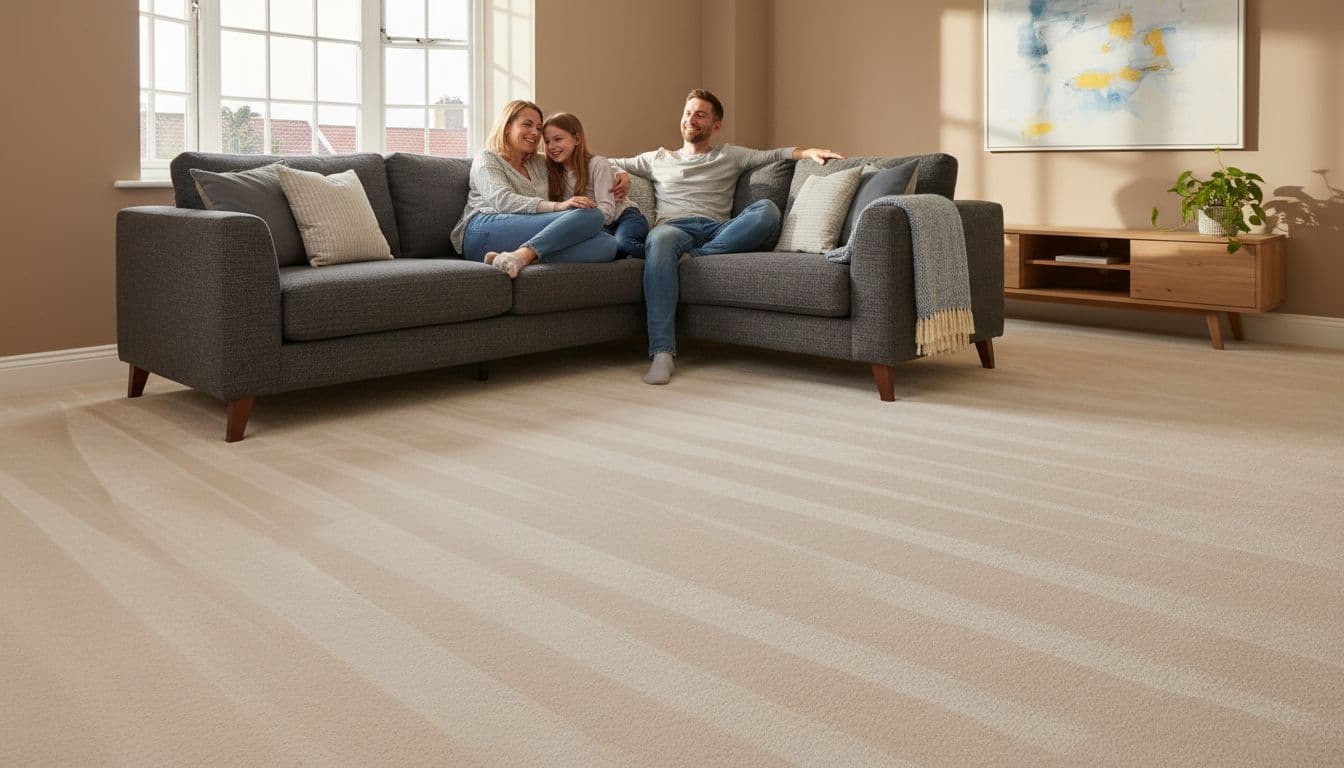 Modern Bradford terrace house interior with freshly cleaned carpets, a family of three relaxing happily on the sofa in warm evening light.